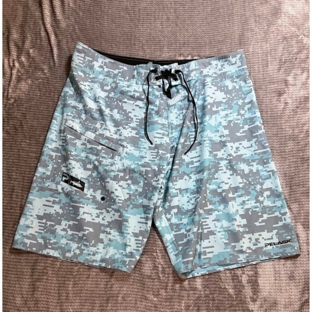 Pelagic‎ 4TEK Board Shorts Mens Blue Digital Camo Drawstrings Fishing 36x12.